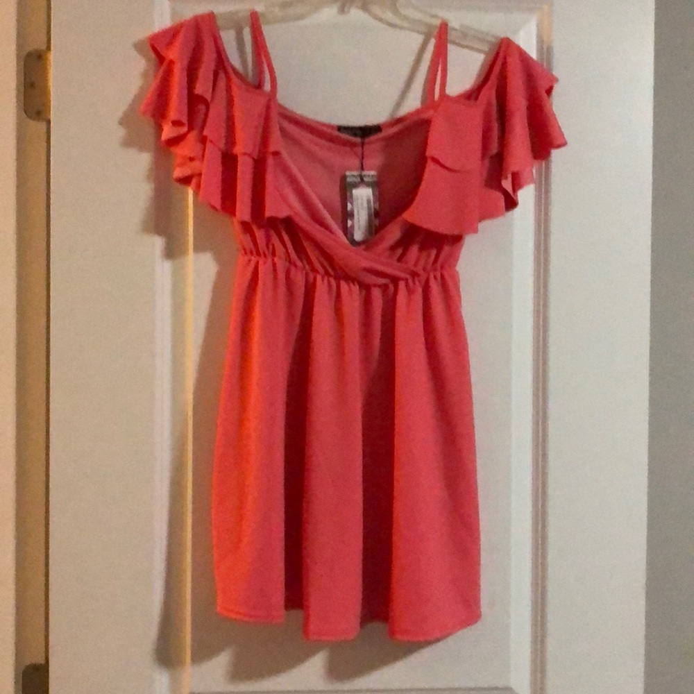 Coral Ruffle Cold Shoulder Skater Dress - Picture 3 of 4
